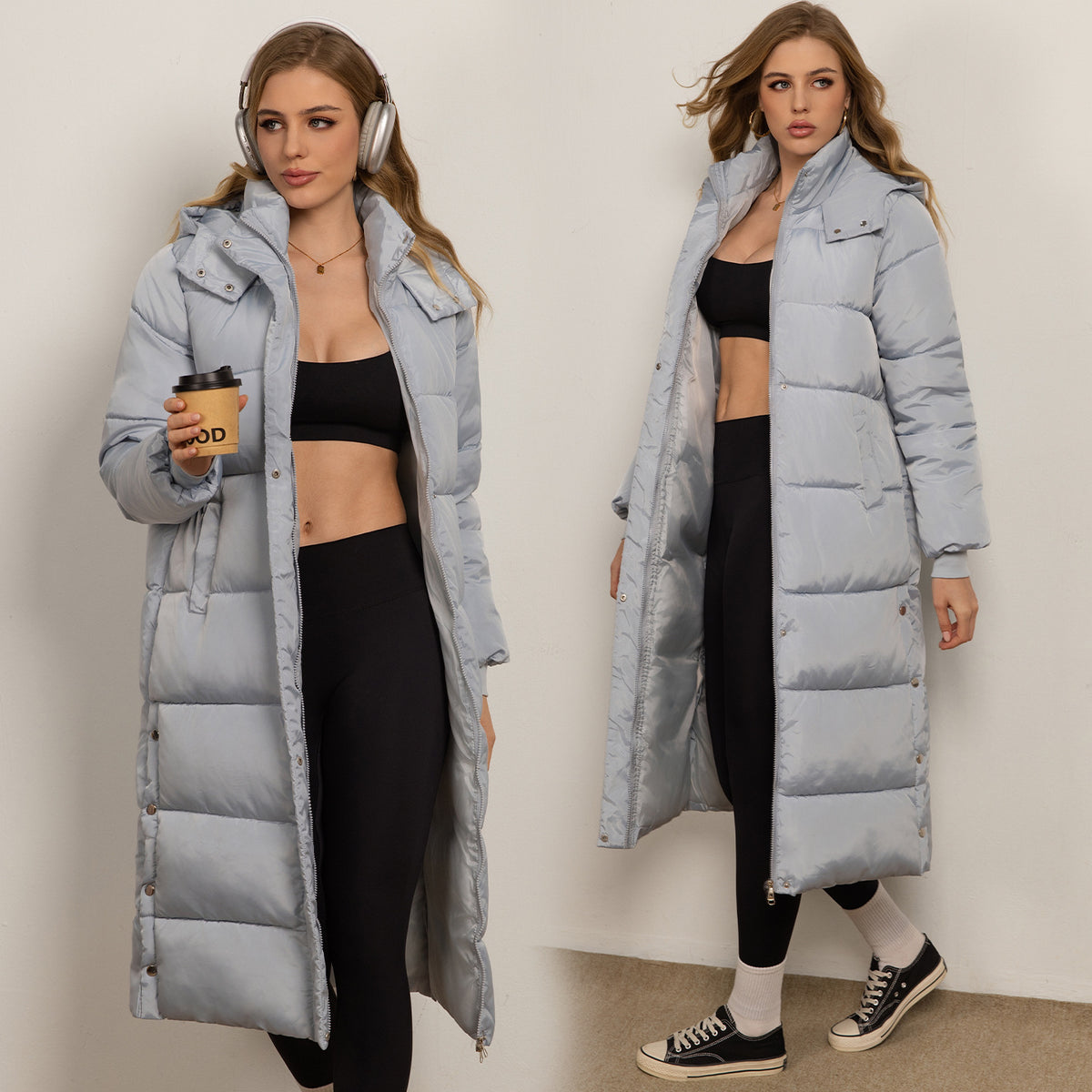 Women's pale-blue long padded coat with hood, button front and side pockets