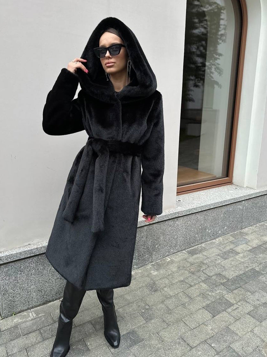 Faux Fur Coat for Women — Long Hooded Style with a Self Tie Belt and Shawl Collar