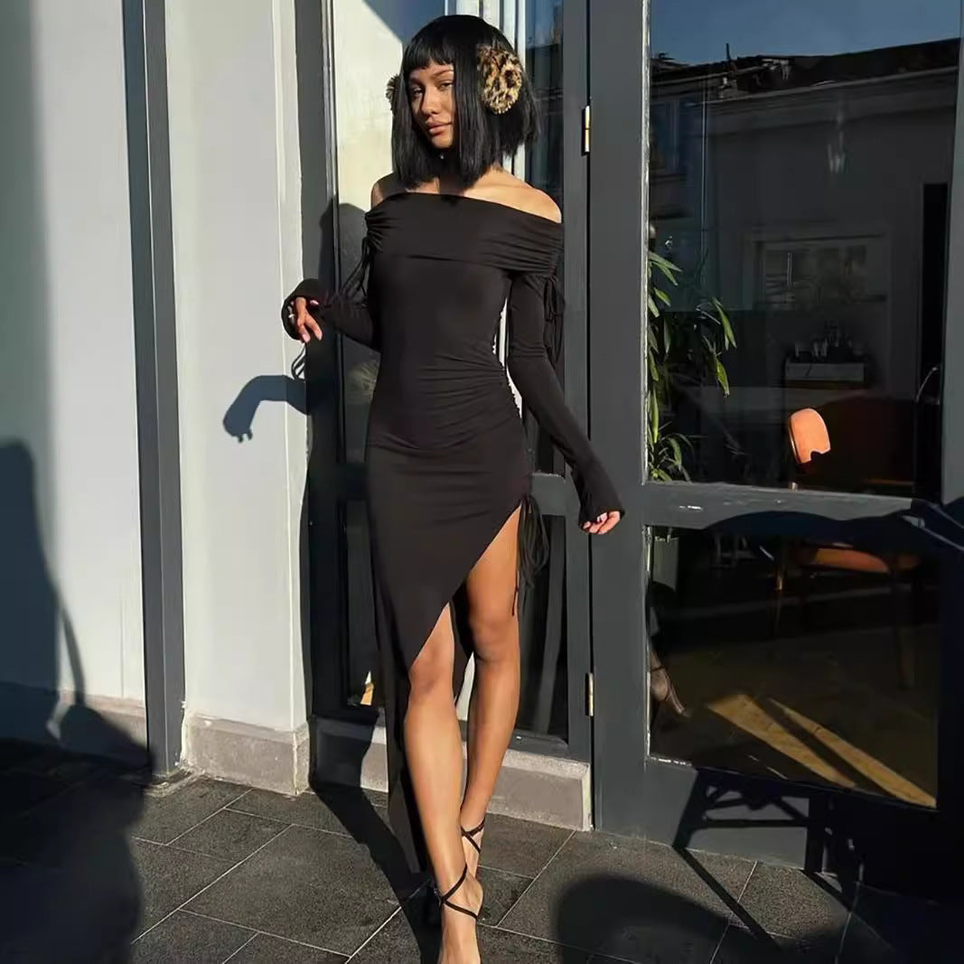 Off Shoulder Midi Dress — Ruched Bodycon with Asymmetric High Slit in Soft Jersey