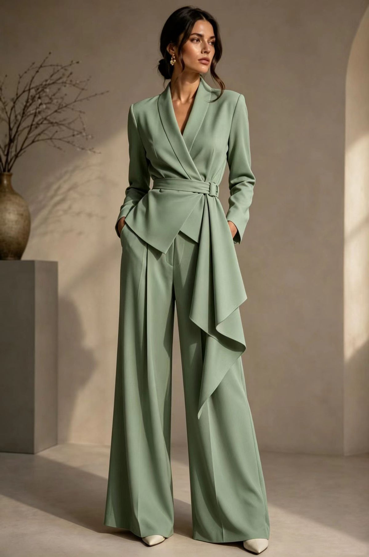 Women's crepe pant suit set in sage green, tie-waist wrap blazer with wide-leg trousers
