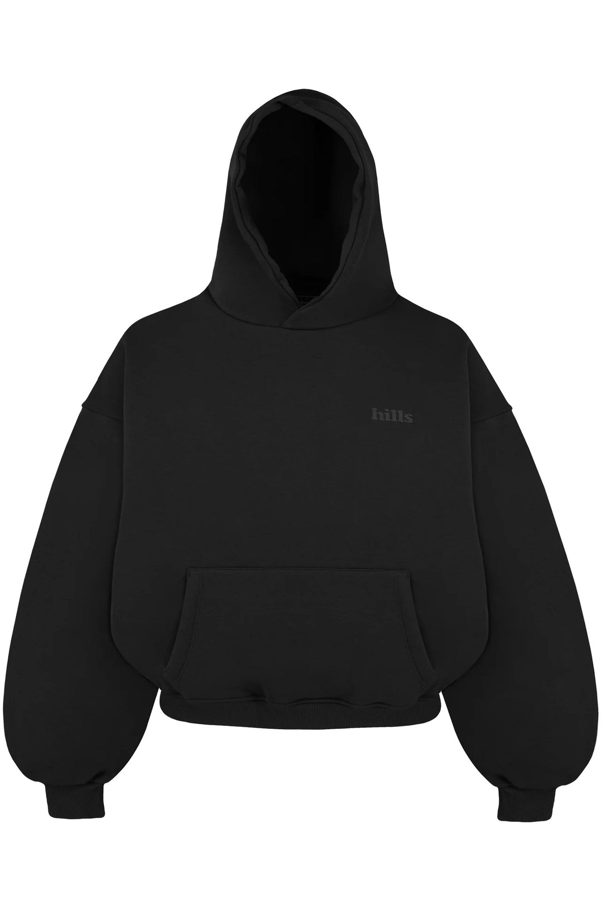 Loose hooded pullover sweatshirt in black with front kangaroo pocket and chest text