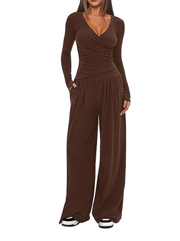 Women’s relaxed wide-leg pants with elastic waistband, brown drape