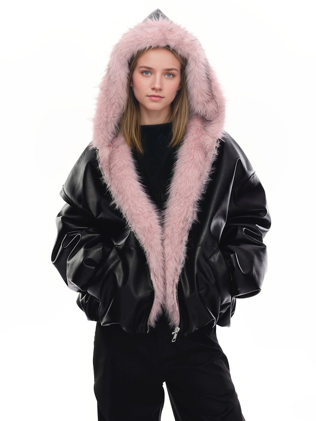 Women’s black plush hooded leather jacket with light pink faux fur trim and zip front