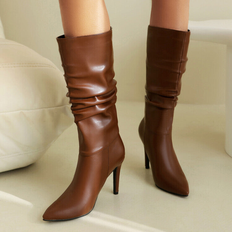 Slouch Boots for Women — Pointed Toe Stiletto Mid Calf Style in Faux Leather