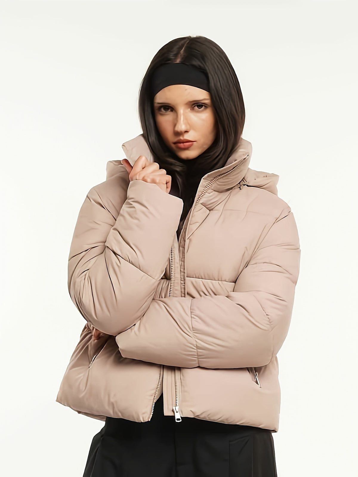 Beige hooded windproof puffer coat with front zip, stand collar, side pockets