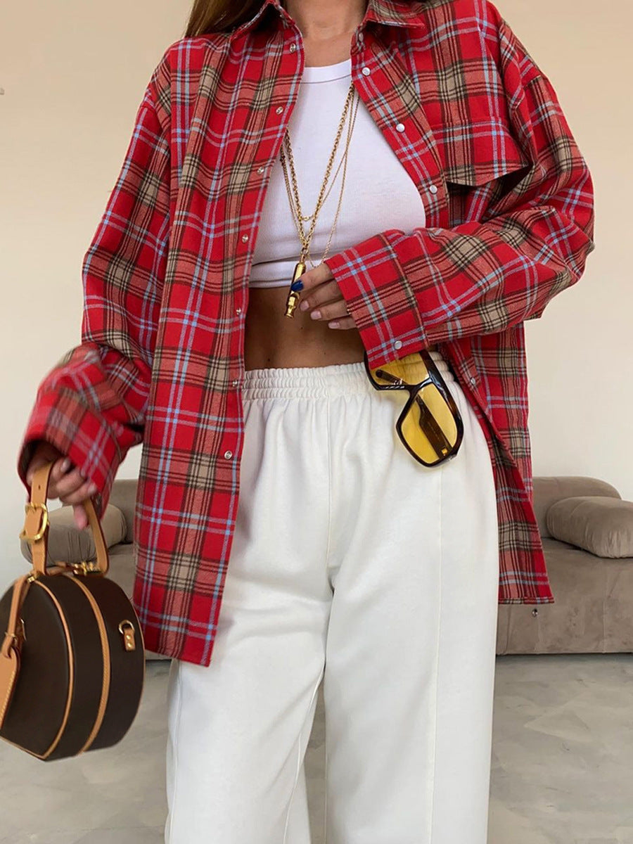 Red Plaid Flannel Shirt for Women — Oversized Button Front Layering Shirt