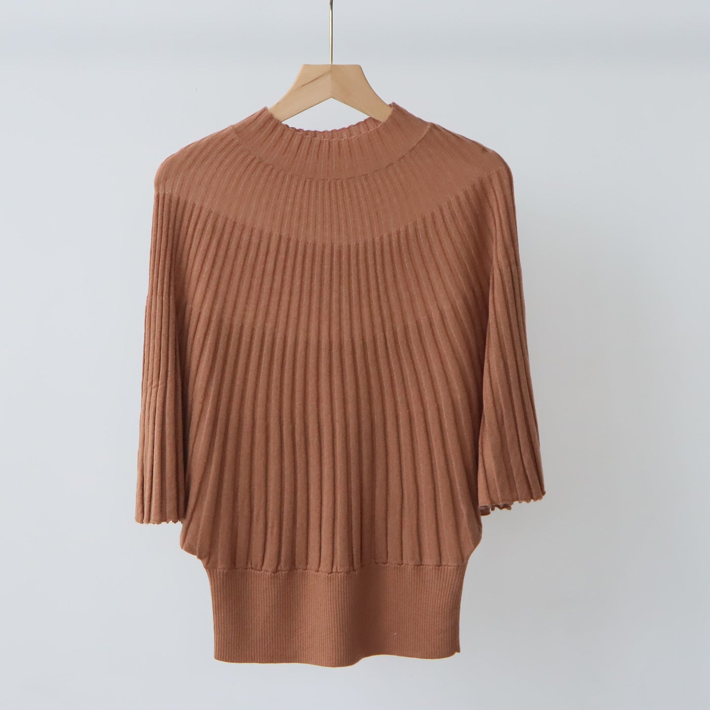 Short Sleeve Sweater for Women — Mock Neck Ribbed Knit with Batwing Sleeves in Soft Wool Blend