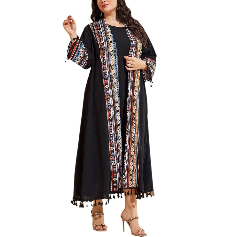 Black long cardigan jacket with colorful embroidered trim, tassel cuffs, long sleeves
