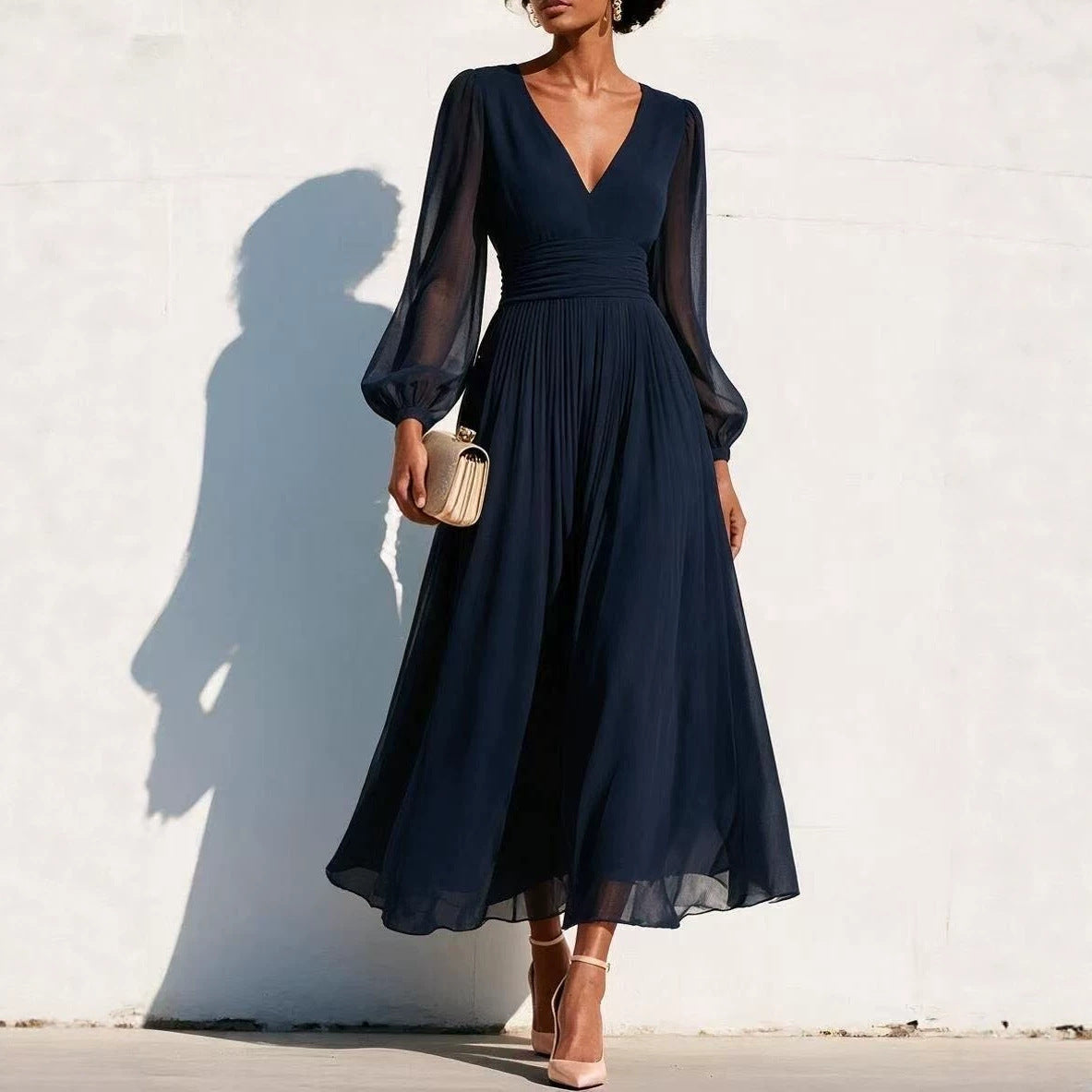Chiffon Midi Dress for Women — Deep V Neck Pleated Skirt with Long Balloon Sleeves