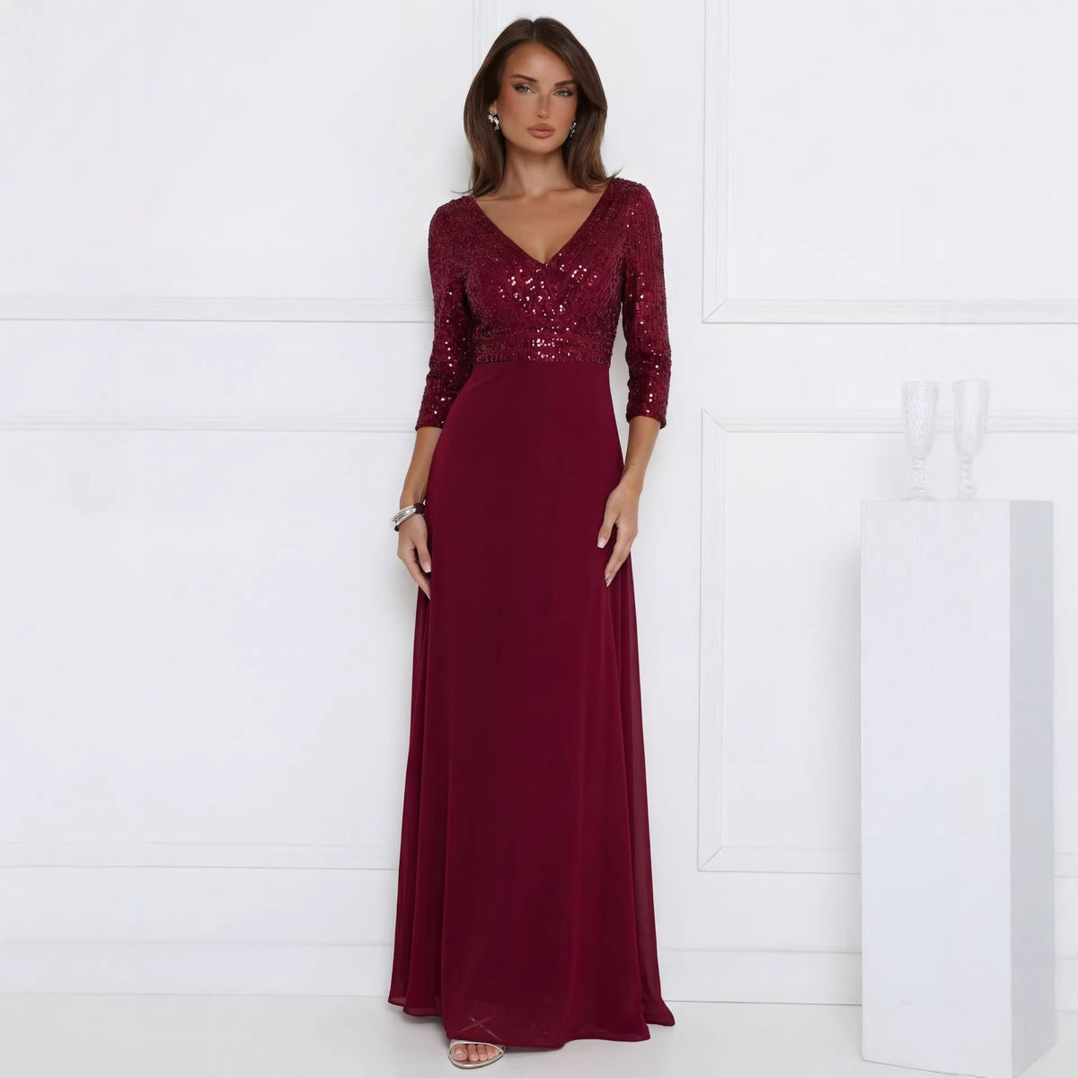 Wine red sequined V-neck long-sleeve sheer mesh maxi dress, fitted silhouette