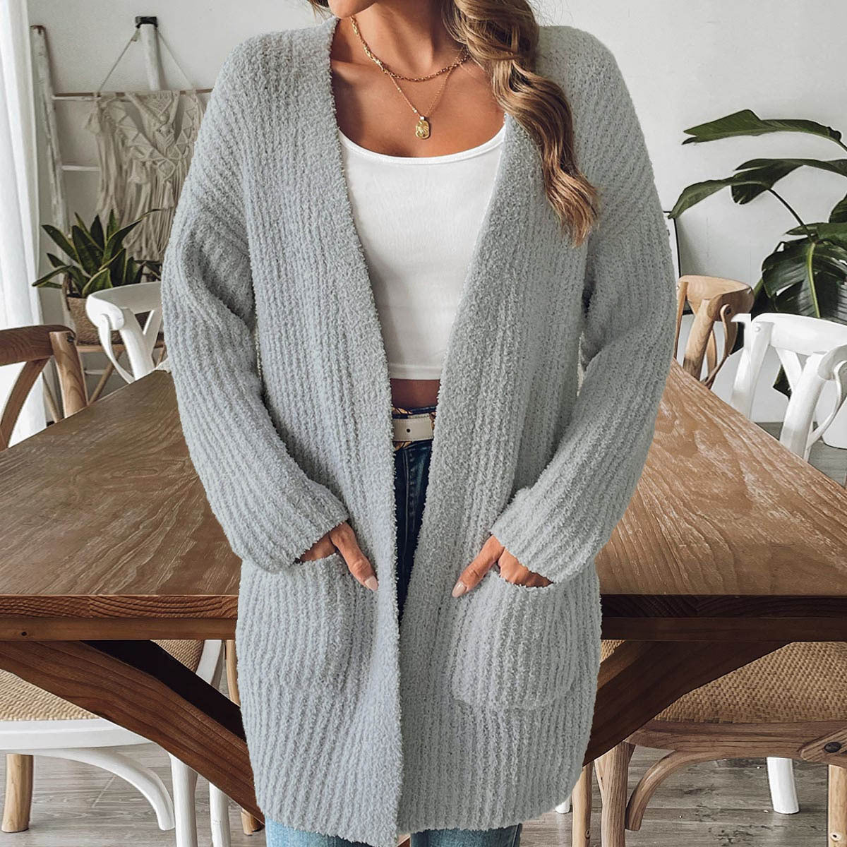 Women's heather gray cardigan sweater, open front, long sleeves, side patch pockets