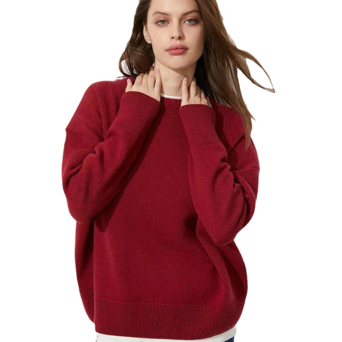 Wine red crew-neck sweater with long sleeves and ribbed trim