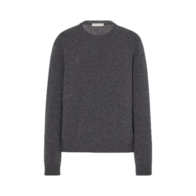 Gray crewneck knit pullover with long sleeves, ribbed cuffs and hem