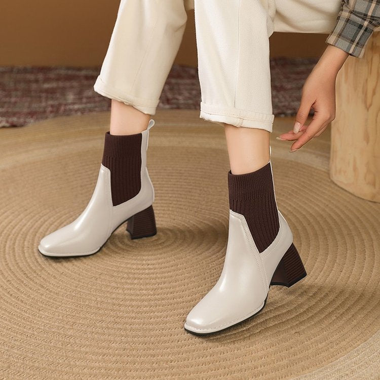 Leather Chelsea Ankle Boots for Women — Square Toe Block Heel with Stretch Knit Shaft