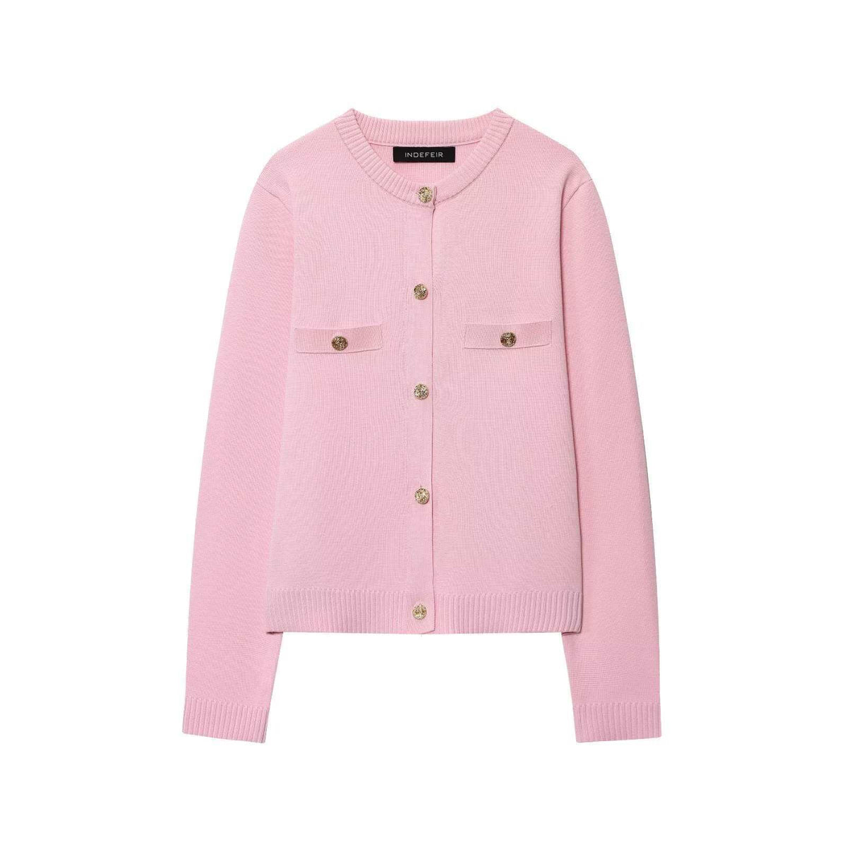 Pink knit button-front jacket with long sleeves and two chest pockets