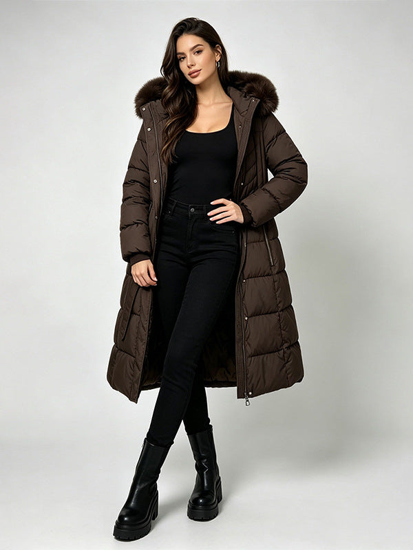 Women's long belted puffer coat with fur-trimmed hood, chocolate brown