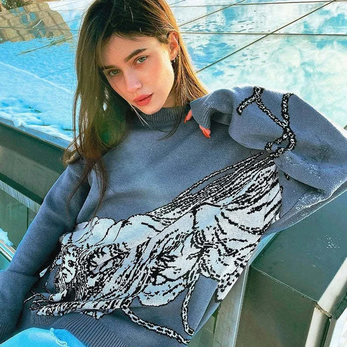 Graphic Knit Sweater for Women — Oversized Drop Shoulder Pullover in Cotton Blend