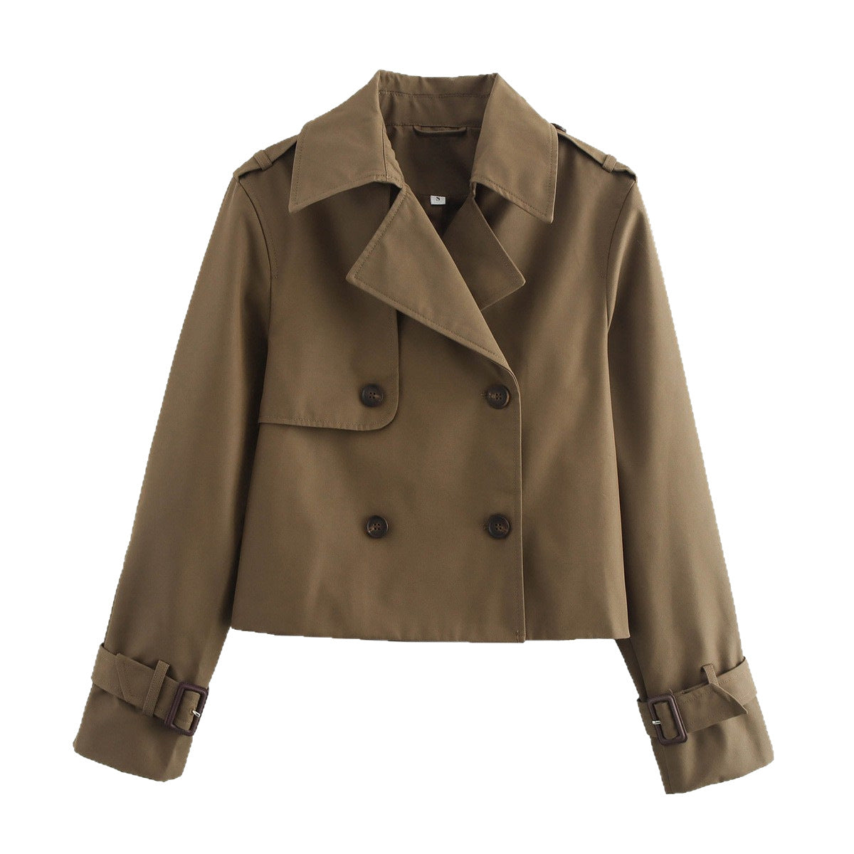 Khaki cropped trench jacket with epaulette, double-breasted front, buckle cuffs
