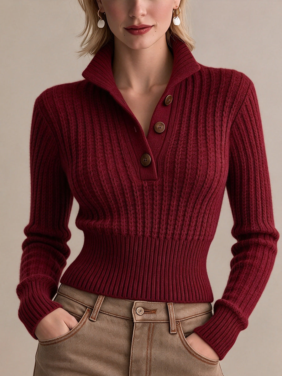 Women's ribbed knit polo sweater in deep red with half-button placket and fitted long sleeves