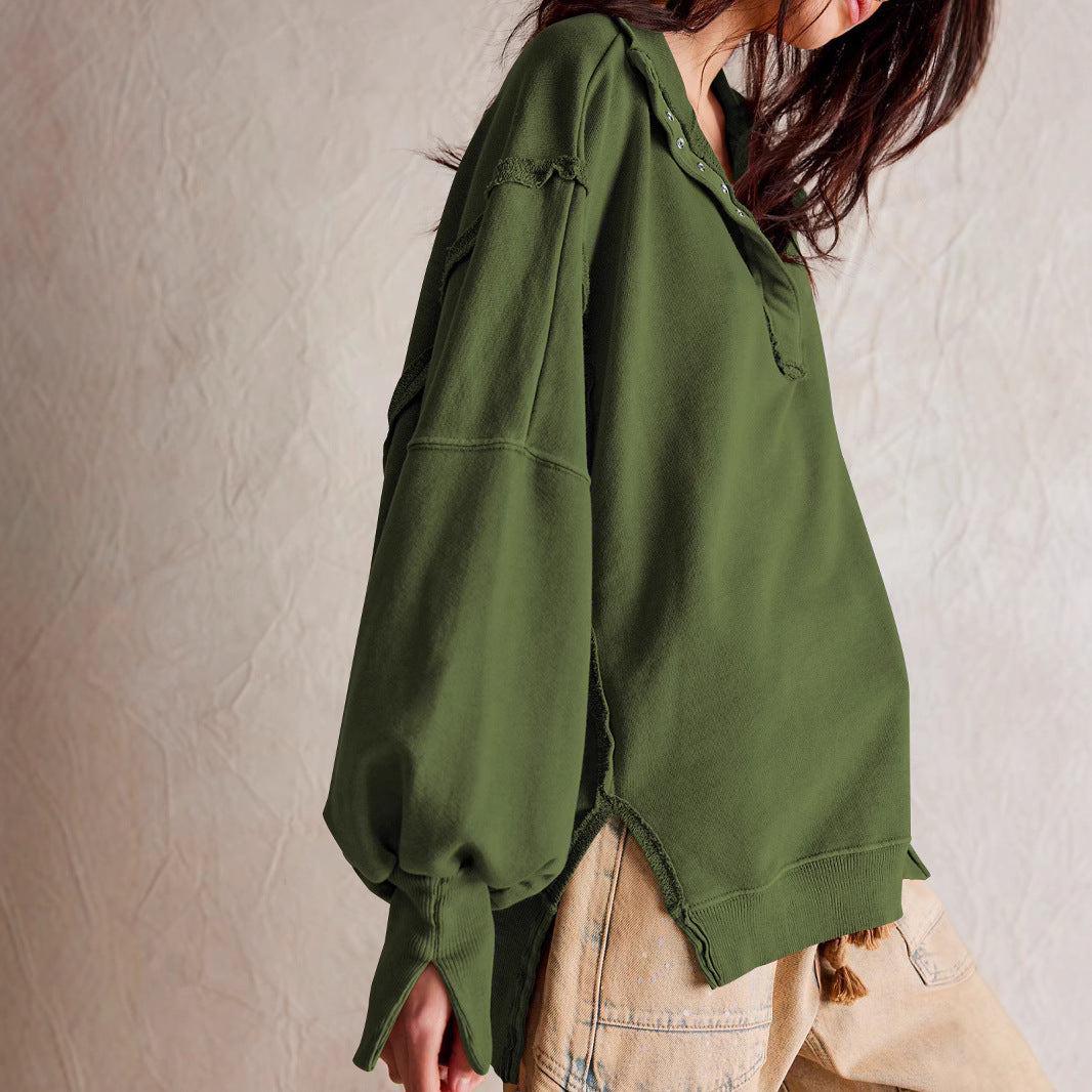 Women's olive-green polo-collar sweatshirt top, studded placket, lantern sleeves