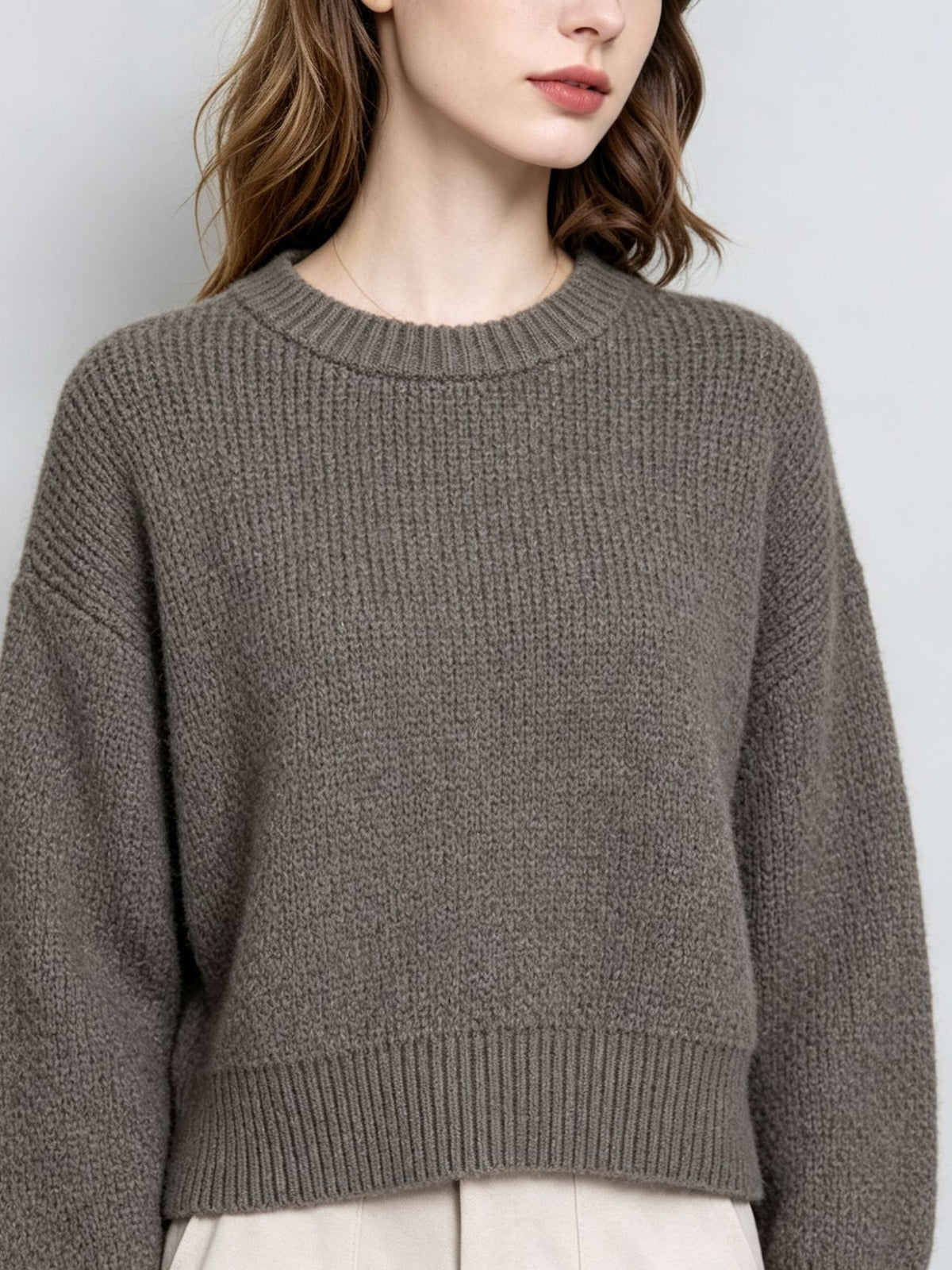 Dark gray knit pullover sweater, crew round neck, long sleeves, ribbed hem