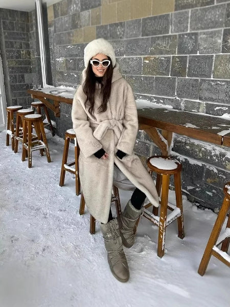Long hooded faux fur coat with belt tie, beige gray, full length