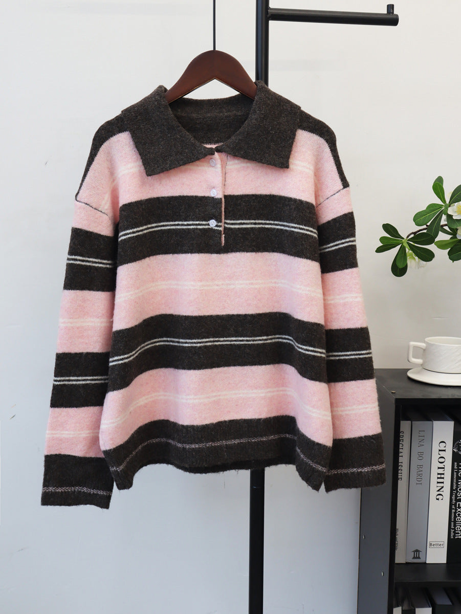 Women’s collared striped knit pullover with blush pink, dark stripe bands, and button front.