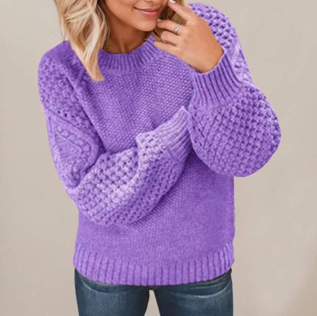 Plus-size knit sweater, round neck pullover with ribbed cuffs and hem, purple textured knit