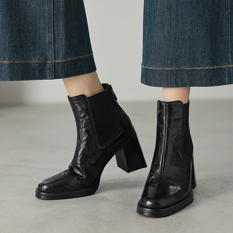 Leather Chelsea Boots for Women — Block Heel Ankle Boots with Square Toe