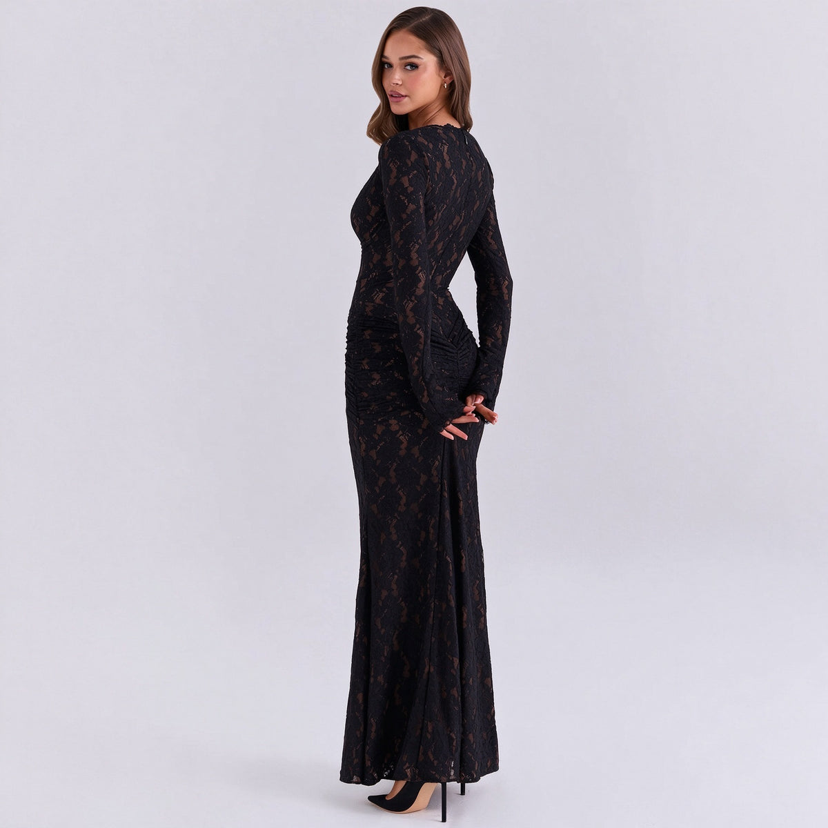 Black long-sleeve lace dress, shown from the side and back with a floor-length skirt