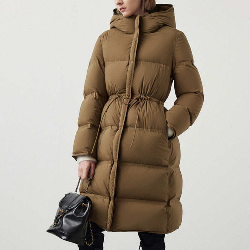 Women's hooded goose down puffer coat with cinched waist, mid-length, tan