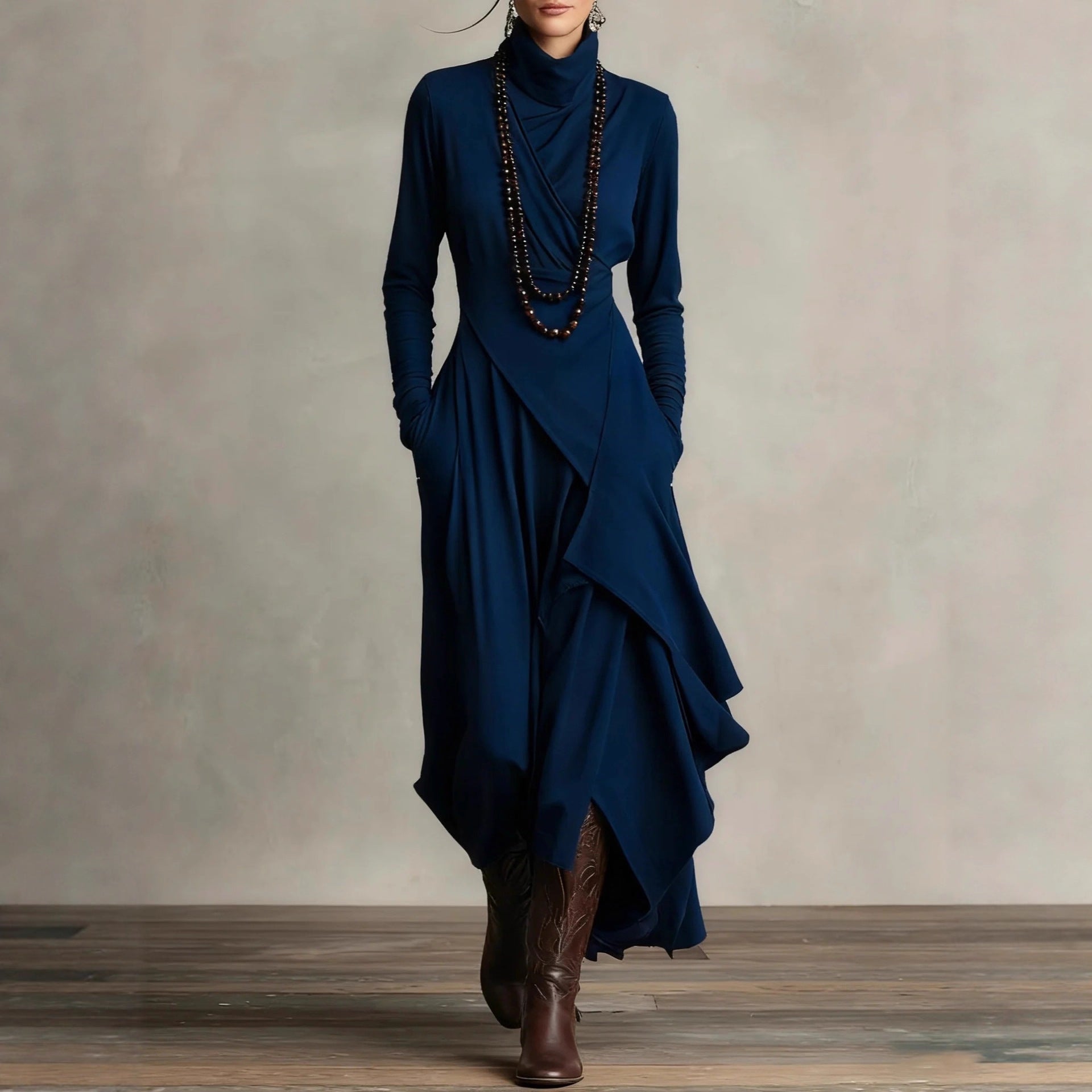 Turtleneck Maxi Dress — Long Sleeve Asymmetric Draped Skirt with Pockets in Viscose