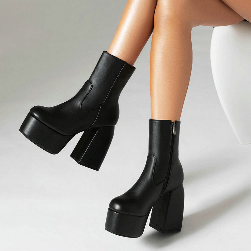 Platform Ankle Boots for Women — Chunky Block Heel Side Zip Booties in Faux Leather