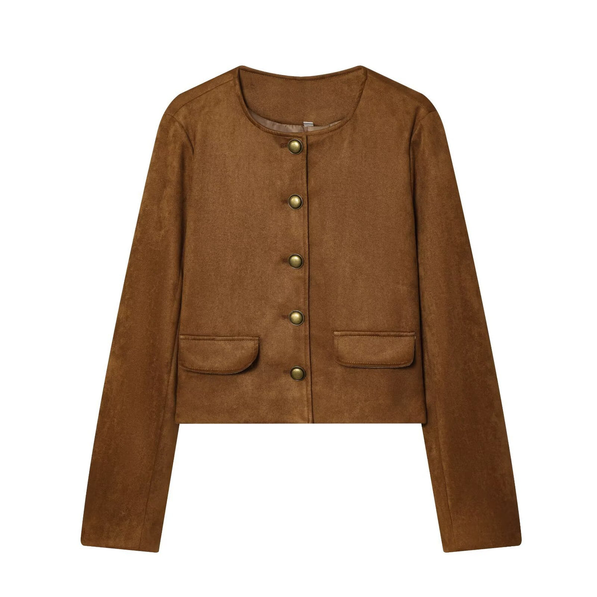 Brown boiled wool jacket with collarless button front and two patch pockets