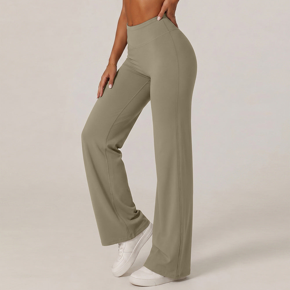 Khaki high-waisted wide-leg yoga pants with straight legs and smooth fabric