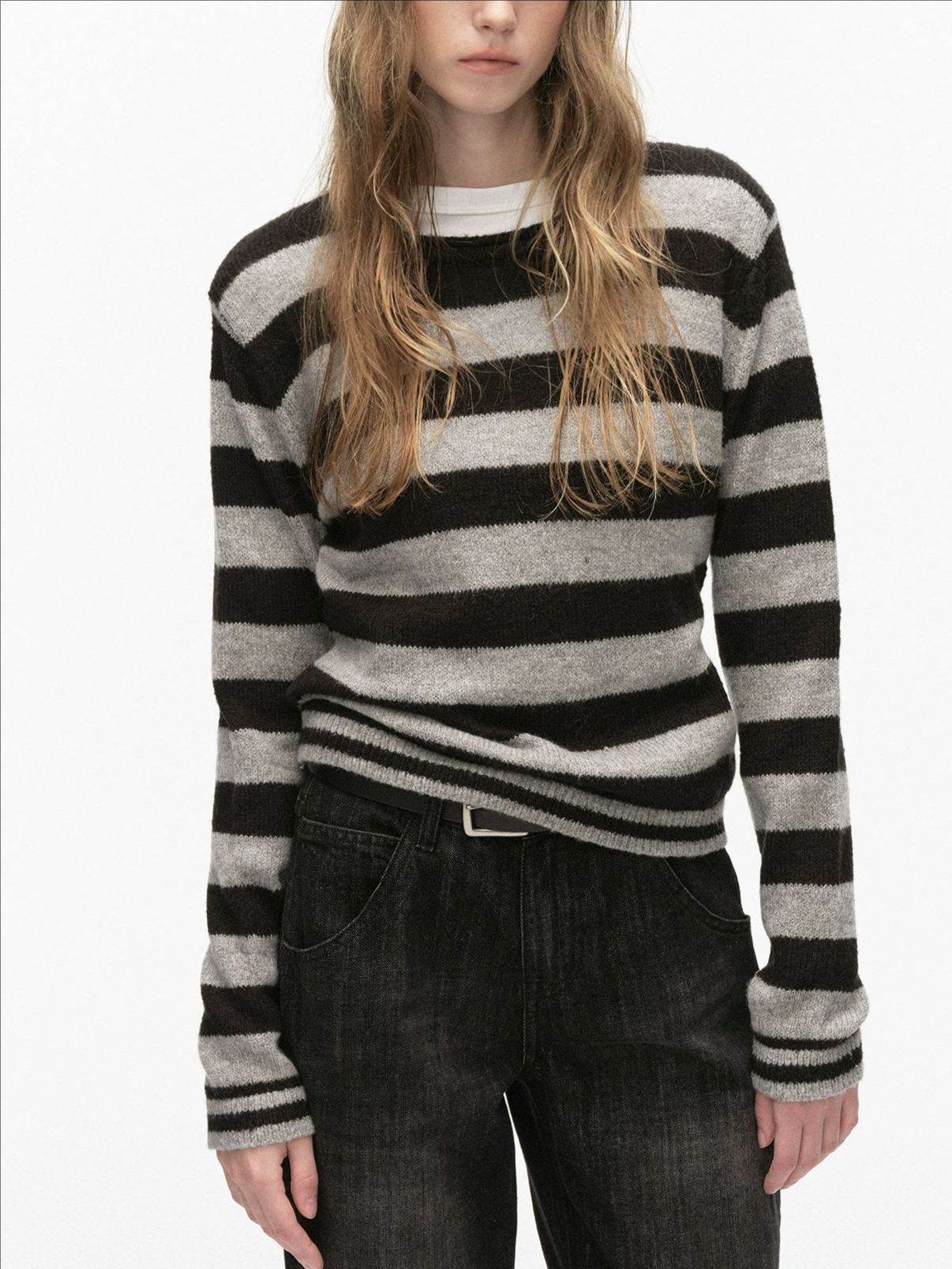 Striped Crewneck Sweater for Women — Fitted Ribbed Knit Pullover in Wool Blend