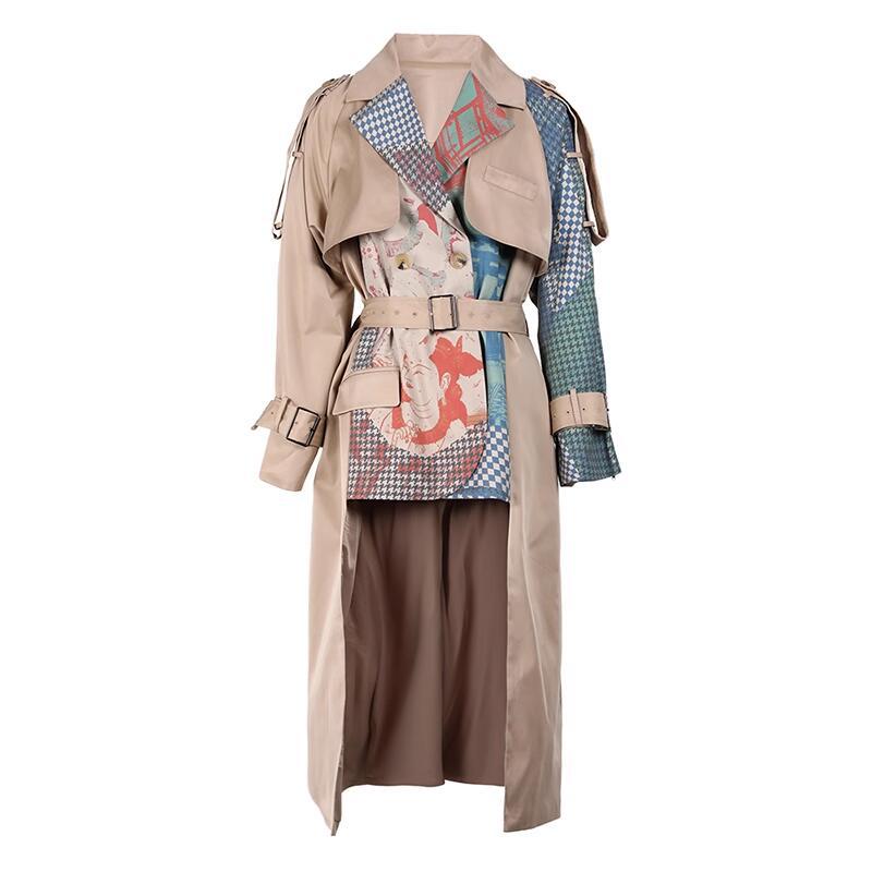 Women's patchwork long coat with multicolor prints, layered panels, and belt