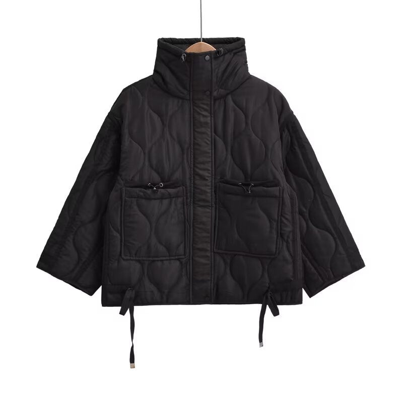 Black quilted stand-collar jacket with full front zipper and drawstring ties