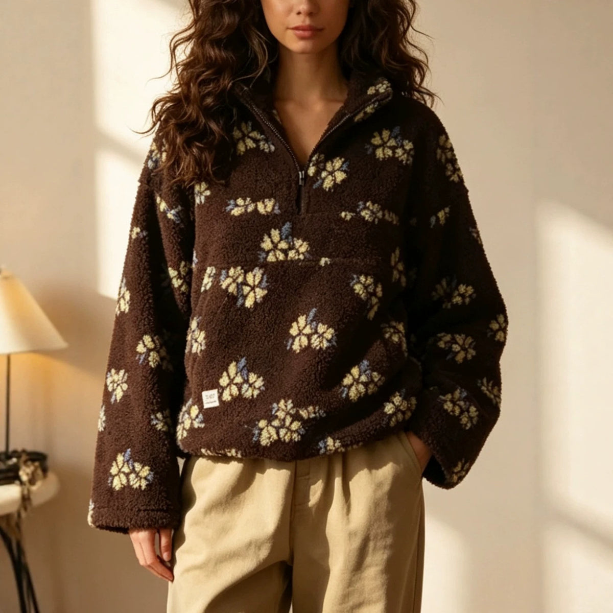 Dark brown fleece half-zip hoodie with pale floral pattern and front pocket