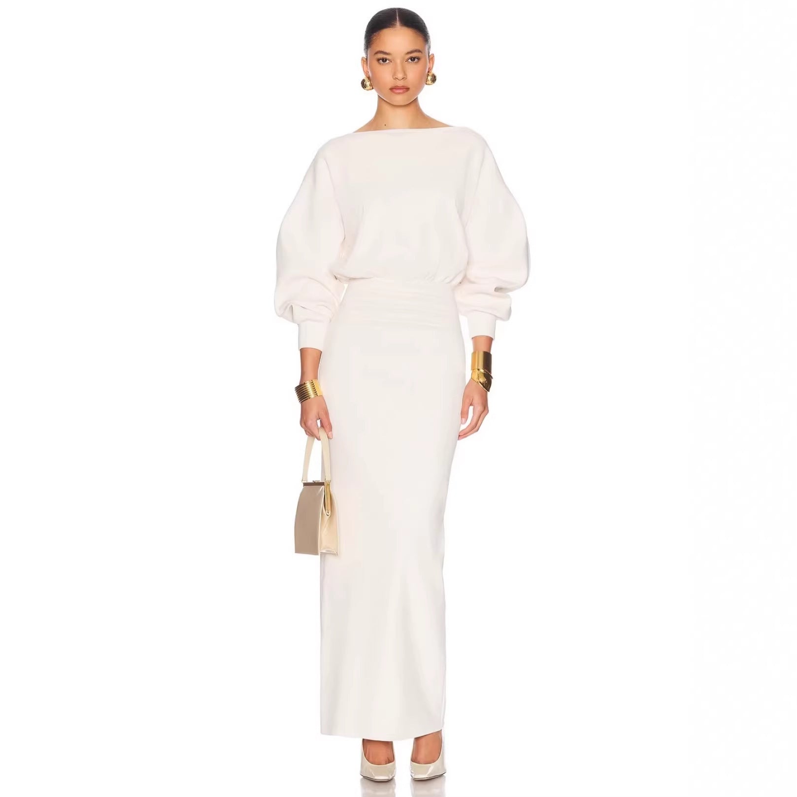 White midi knit dress with puff long sleeves and cinched waist