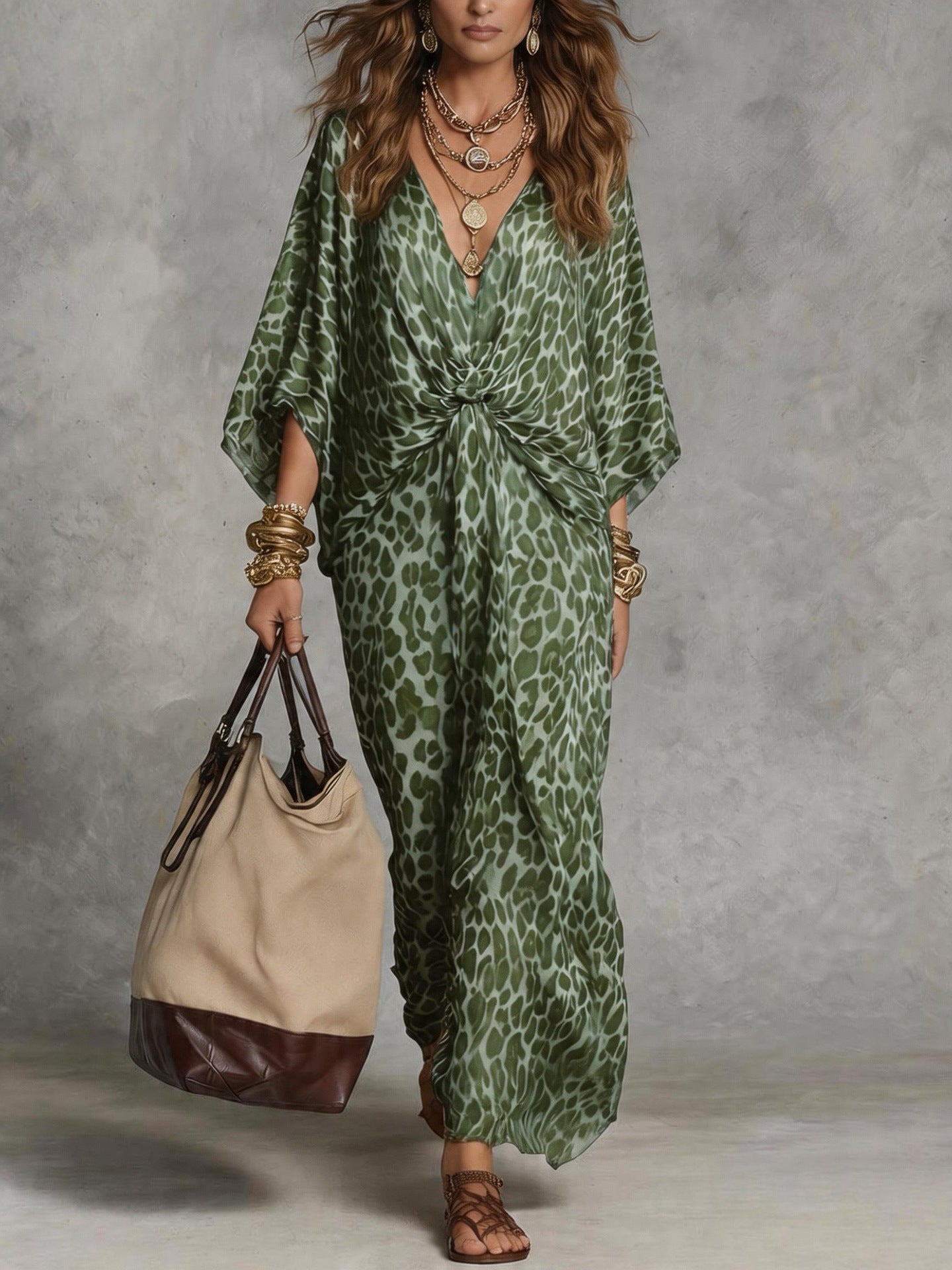 Leopard print V-neck maxi dress with twist-front, dolman sleeves, green