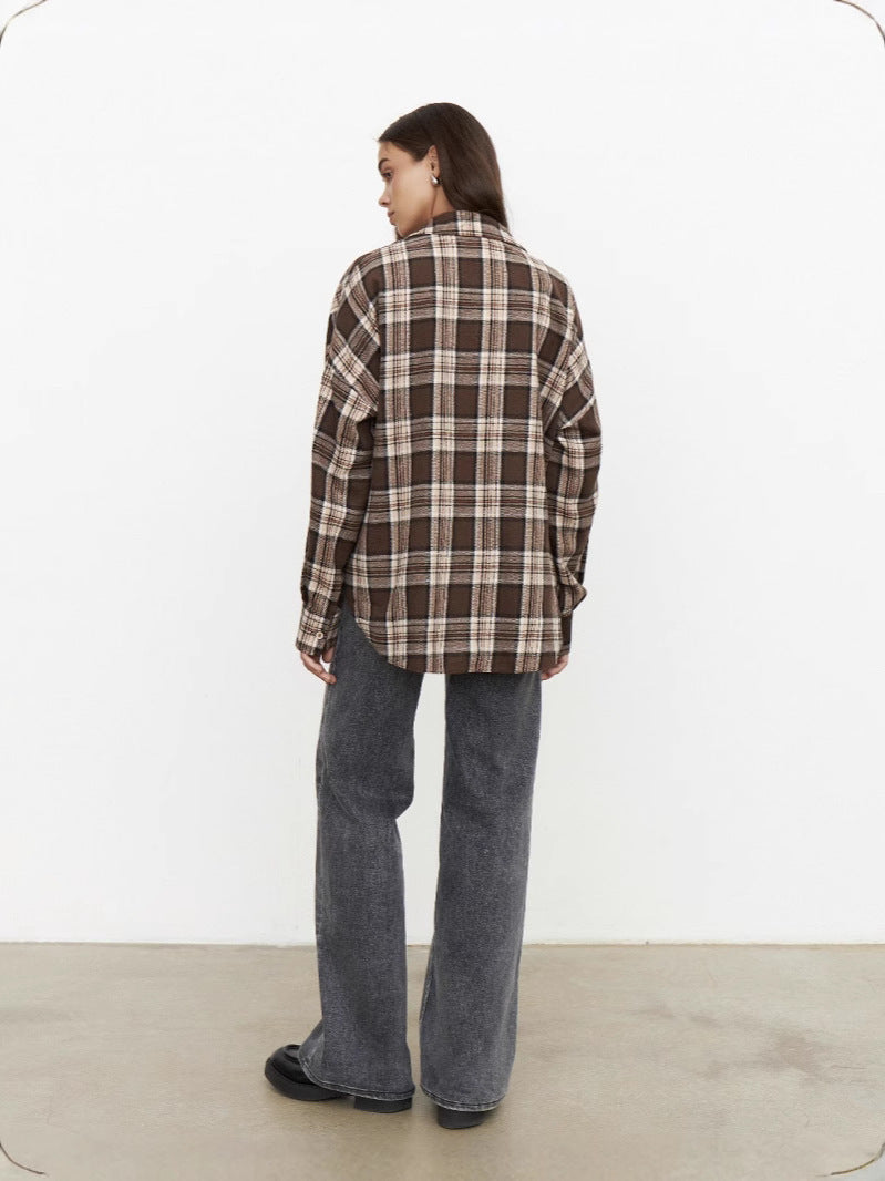 Brown plaid long-sleeve shirt jacket, turn-down collar; back view.