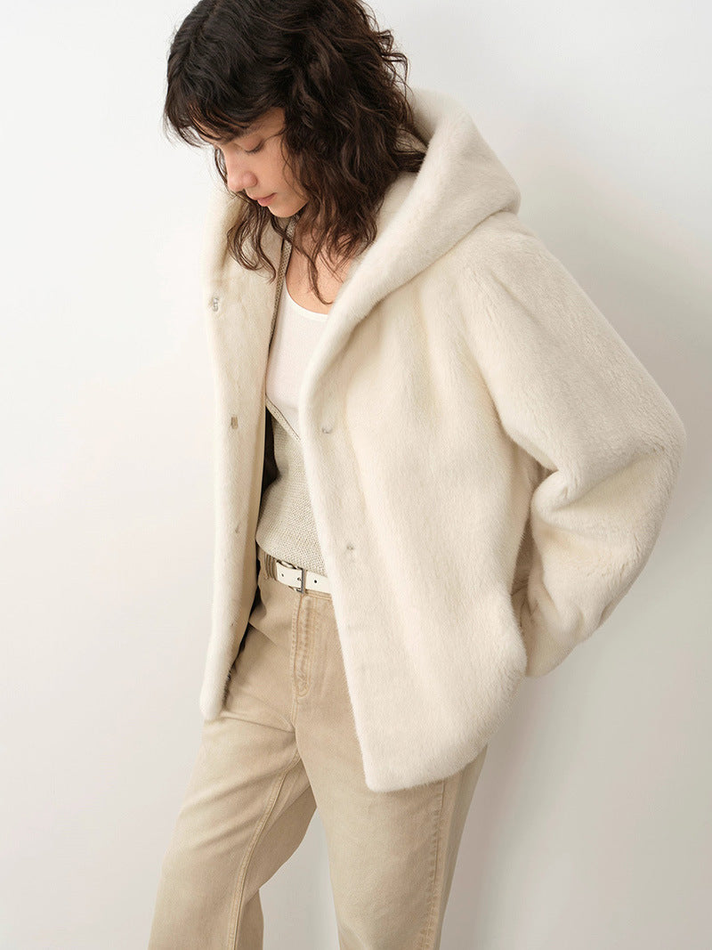 Ivory hooded faux fur coat with side pockets and button placket