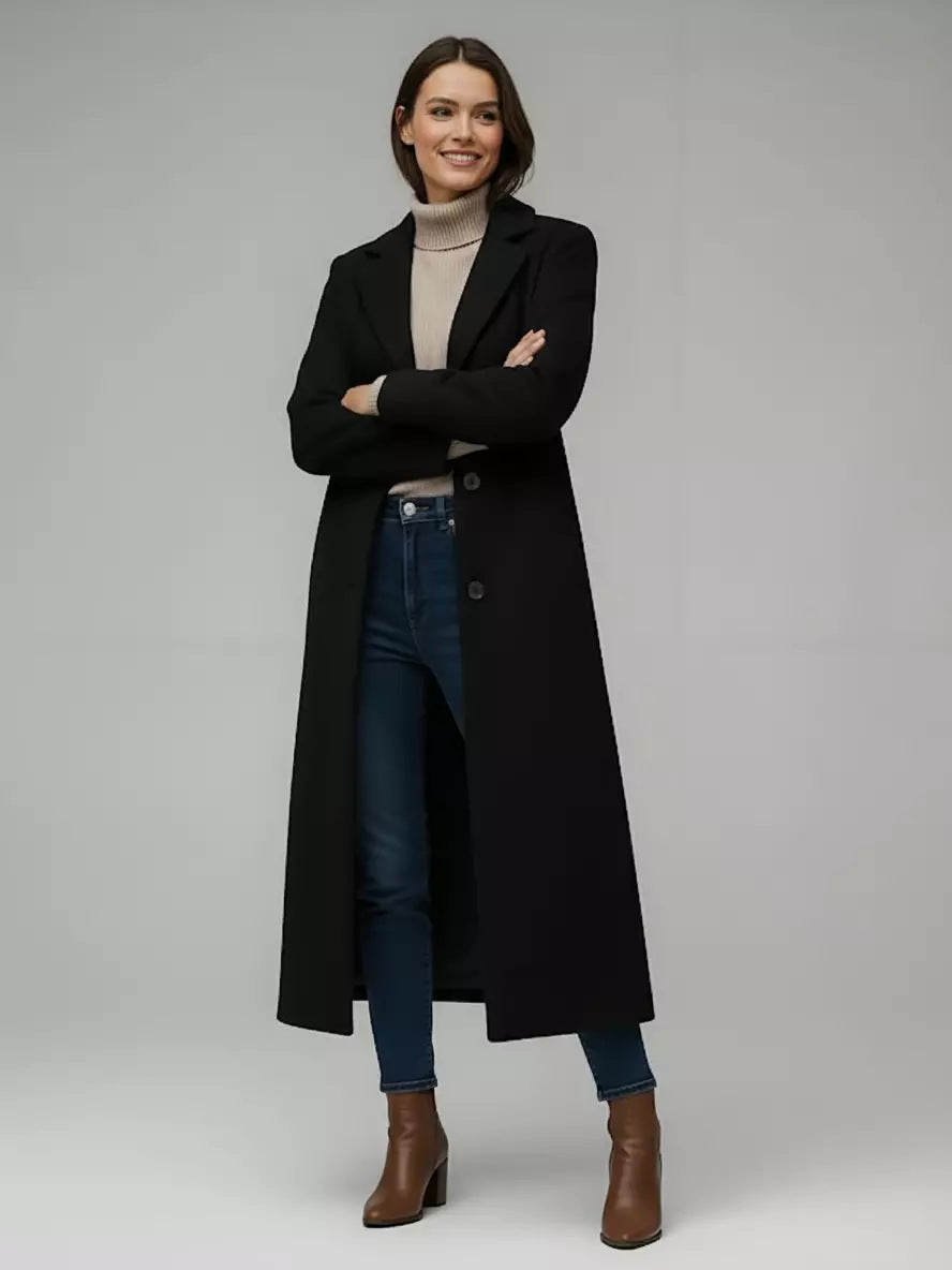 Women’s long wool coat, black with notched lapels and button front