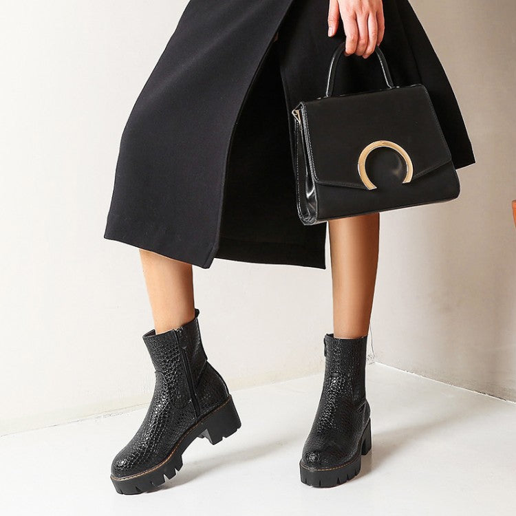 Black crocodile-pattern ankle boots with side zippers and chunky lug soles