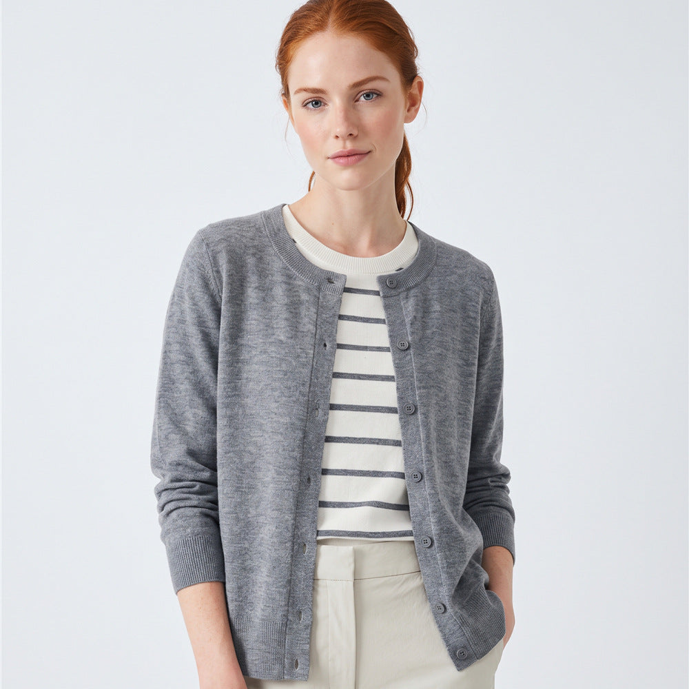 Women’s gray cardigan sweater with button front and faux striped tee underlayer