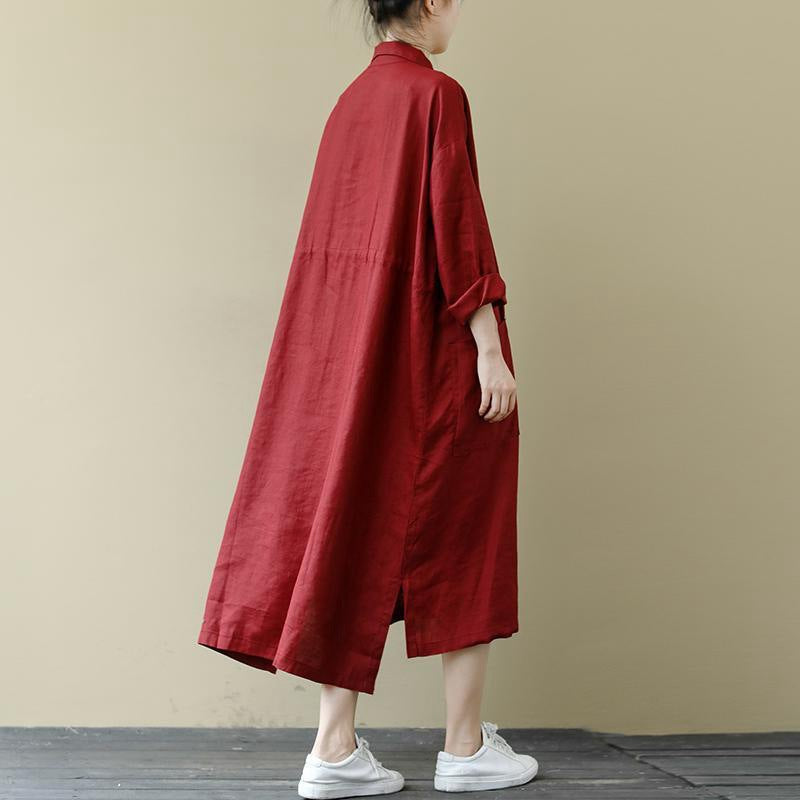 Linen Shirt Dress — Oversized Midi Style with Button Front and Patch Pockets