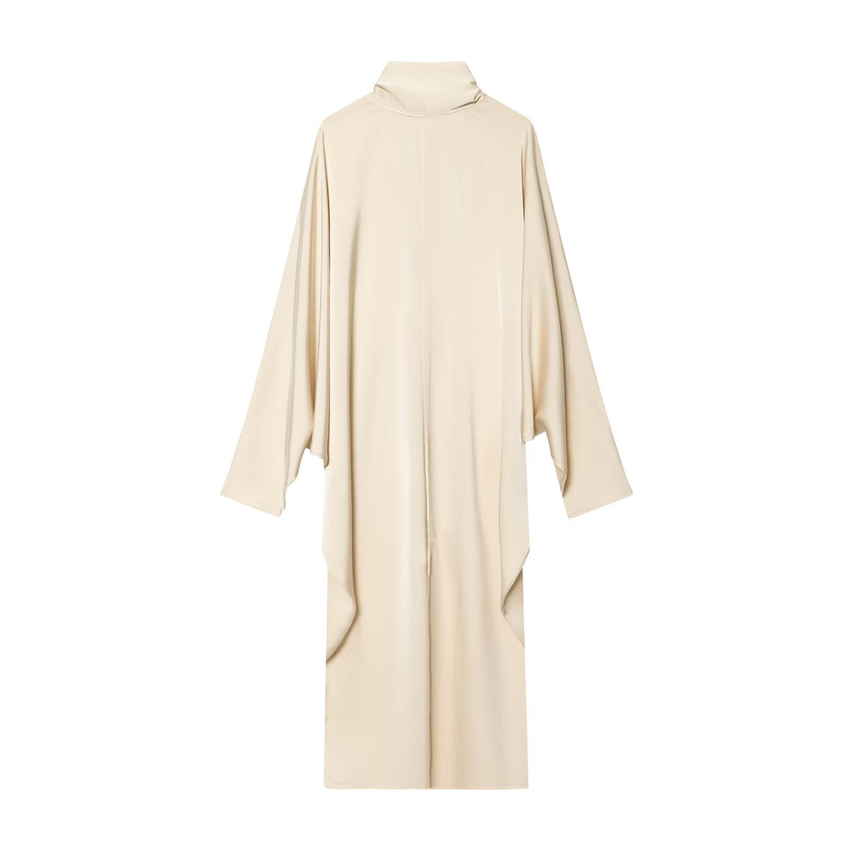 Cream satin kaftan maxi dress with high neck and batwing sleeves