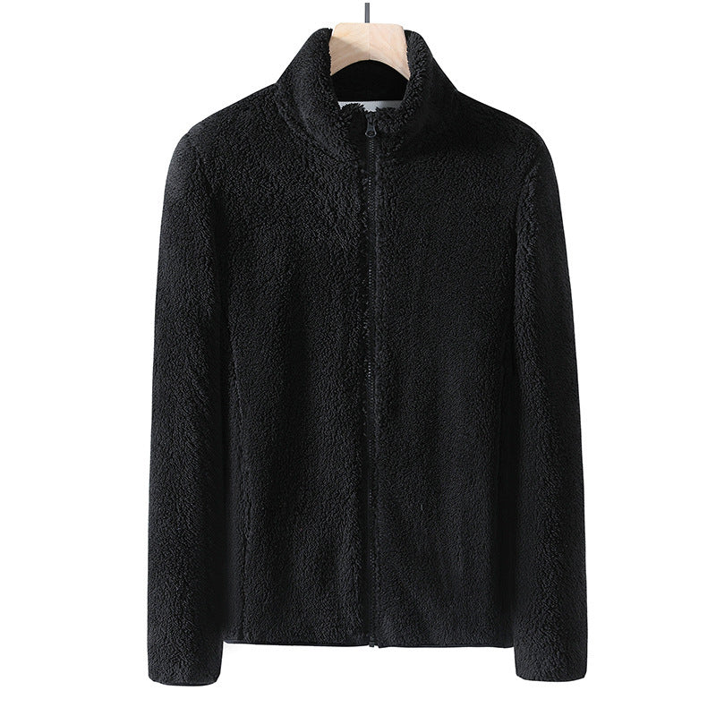 Black fleece zip jacket with stand collar, front view on hanger