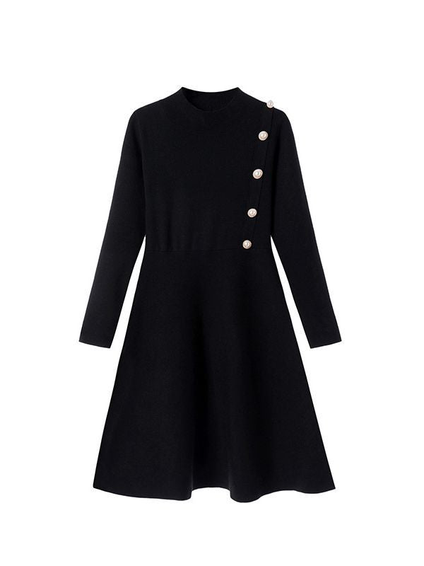 Long Sleeve Mini Dress — Knit Fit and Flare with Mock Neck and Pearl Button Trim